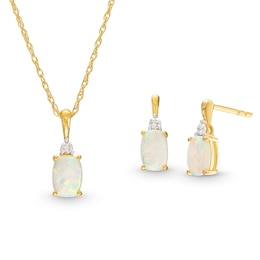 Cushion-Cut Lab-Created Opal and 0.065 CT. T.W. Diamond Stacked Pendant and Drop Earrings Set in 10K Gold