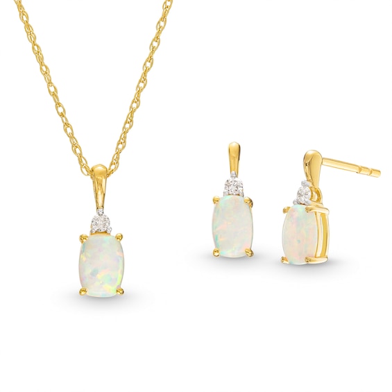 Cushion-Shaped Lab-Created Opal and 0.065 CT. T.W. Diamond Stacked Pendant and Drop Earrings Set in 10K Gold