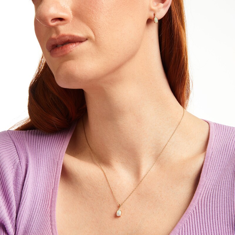 Main Image 2 of Cushion-Shaped Lab-Created Opal and 0.065 CT. T.W. Diamond Stacked Pendant and Drop Earrings Set in 10K Gold