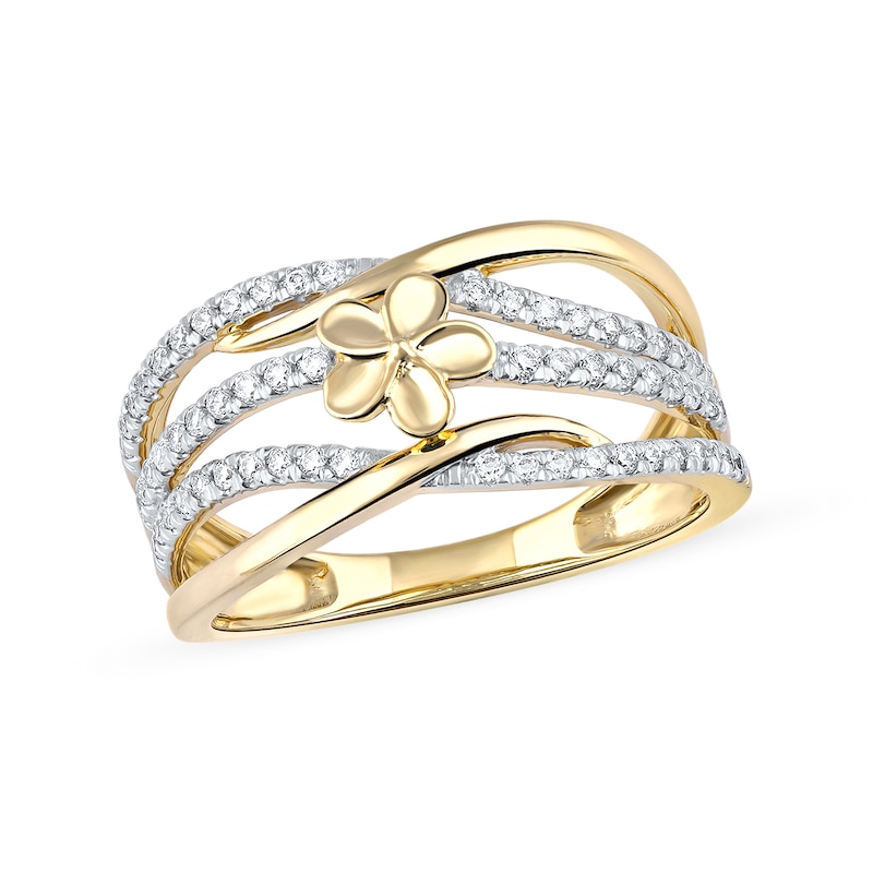 0.33 CT. T.W. Diamond Flower Multi-Row Open Shank Crossover Ring in 10K Gold
