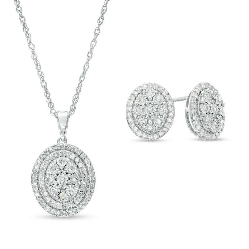 Main Image 1 of 0.69 CT. T.W. Oval Multi-Diamond Double Frame Pendant and Stud Earrings Set in 10K White Gold