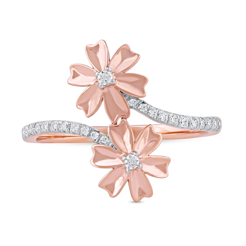 0.15 CT. T.W. Diamond Double Flower Bypass Ring in Sterling Silver with 14K Rose Gold Plate