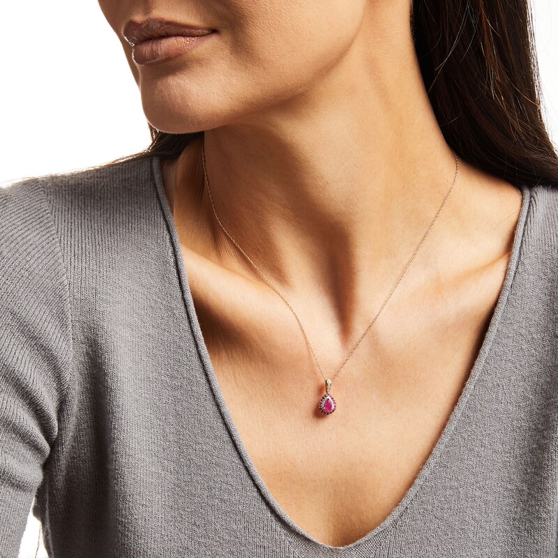 Pear-Shaped Ruby, Pink Sapphire and 0.07 CT. T.W. Diamond Double Frame Pendant in 10K Gold