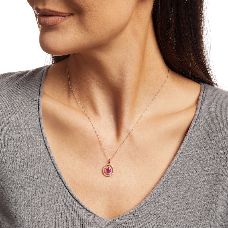 Main Image 2 of Oval Ruby and 0.15 CT. T.W. Diamond Double Open Frame Pendant in 10K Rose Gold