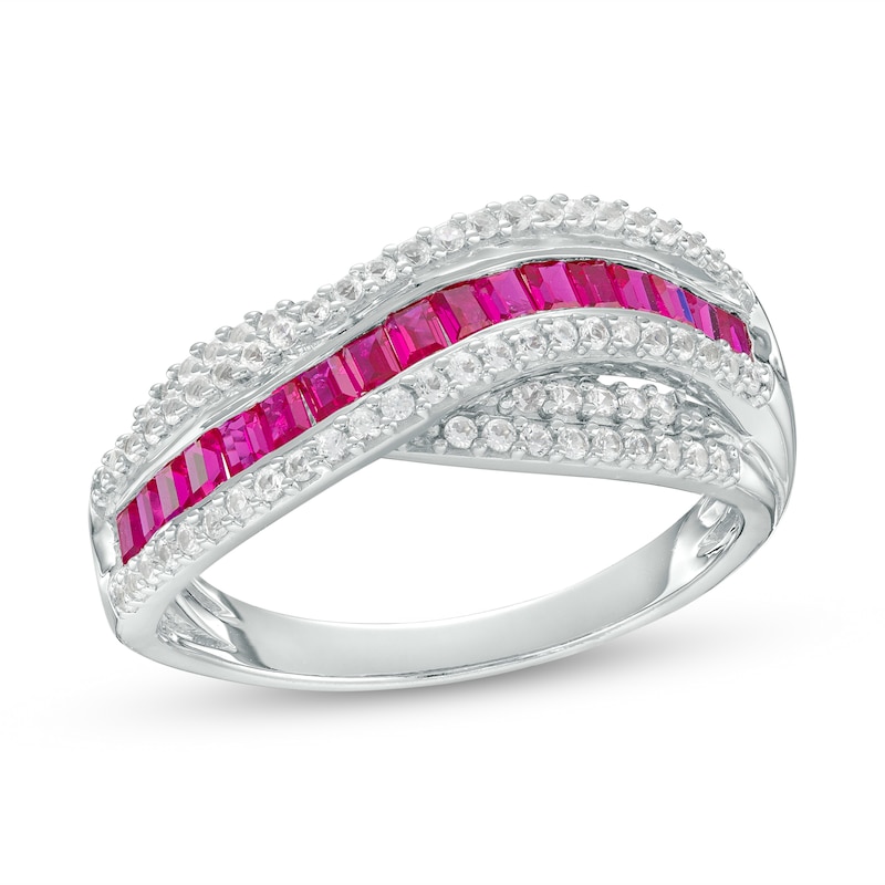 Baguette Lab-Created Ruby and White Lab-Created Sapphire Curved Crossover Band in 10K White Gold