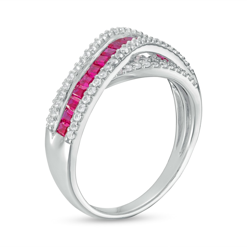 Baguette Lab-Created Ruby and White Lab-Created Sapphire Curved Crossover Band in 10K White Gold
