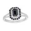 Thumbnail Image 0 of Emerald-Cut Blue Sapphire and 0.12 CT. T.W. Diamond Double Frame Split Shank Ring in 10K White Gold