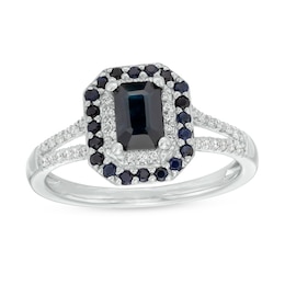 Emerald-Cut Blue Sapphire and 0.12 CT. T.W. Diamond Double Frame Split Shank Ring in 10K White Gold