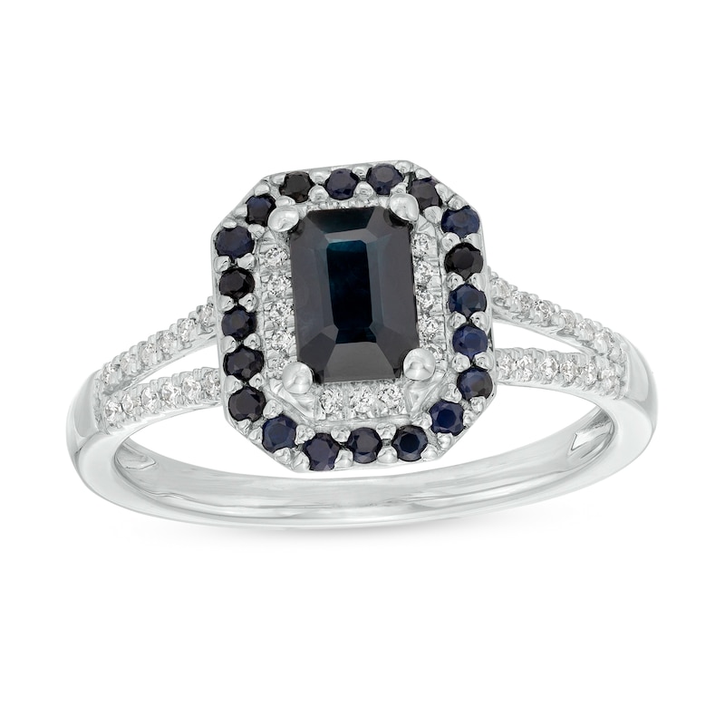 Emerald-Cut Blue Sapphire and 0.12 CT. T.W. Diamond Double Frame Split Shank Ring in 10K White Gold|Peoples Jewellers