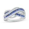 Thumbnail Image 0 of Baguette Ceylon Blue and White Lab-Created Sapphire Crossover Multi-Row Band in 10K White Gold