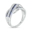 Thumbnail Image 2 of Baguette Ceylon Blue and White Lab-Created Sapphire Crossover Multi-Row Band in 10K White Gold