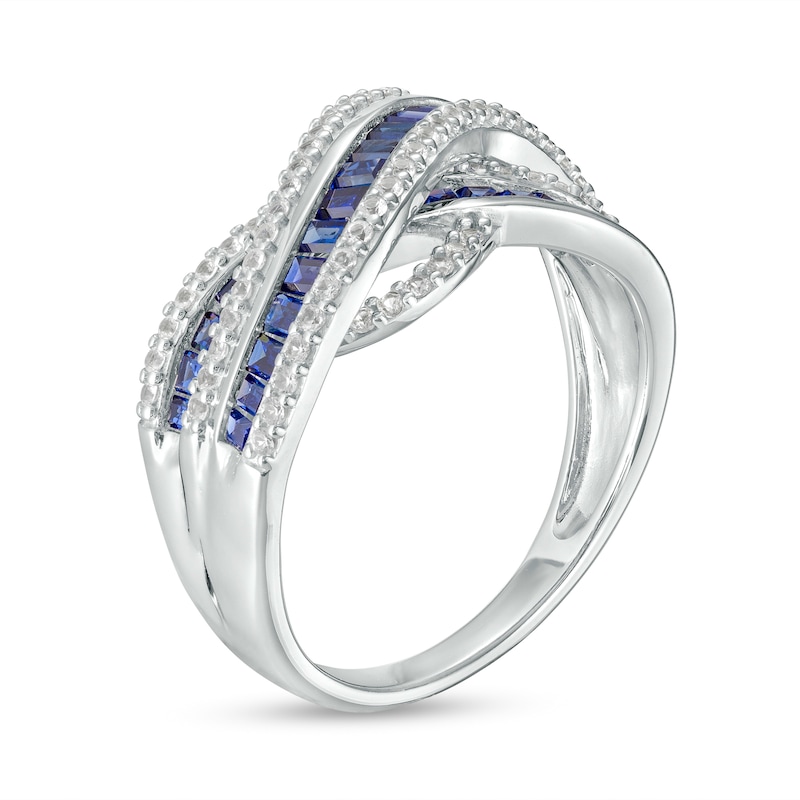 Baguette Ceylon Blue and White Lab-Created Sapphire Crossover Multi-Row Band in 10K White Gold