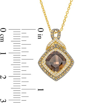 Cushion-Cut Smoky Quartz and 0.29 CT. T.W. Champagne and White Diamond Double Frame Pendant in 10K Two-Tone Gold