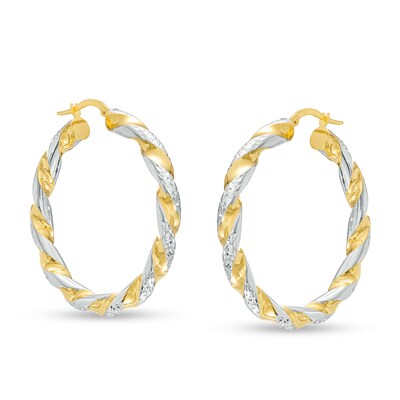 Italian Brilliance™ 30.0mm Diamond-Cut Twisted Tube Hoop Earrings in 14K Two-Tone Gold