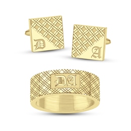 Men's Engravable Gothic-Style Plaid Cuff Link and Ring Set (1 Initial and 1 Line) - Size 8