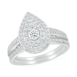 0.95 CT. T.W. Pear-Shaped Multi-Diamond Double Frame Bridal Set in 10K White Gold