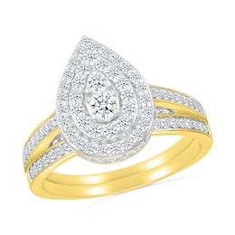 0.95 CT. T.W. Pear-Shaped Multi-Diamond Double Frame Bridal Set in 10K Gold