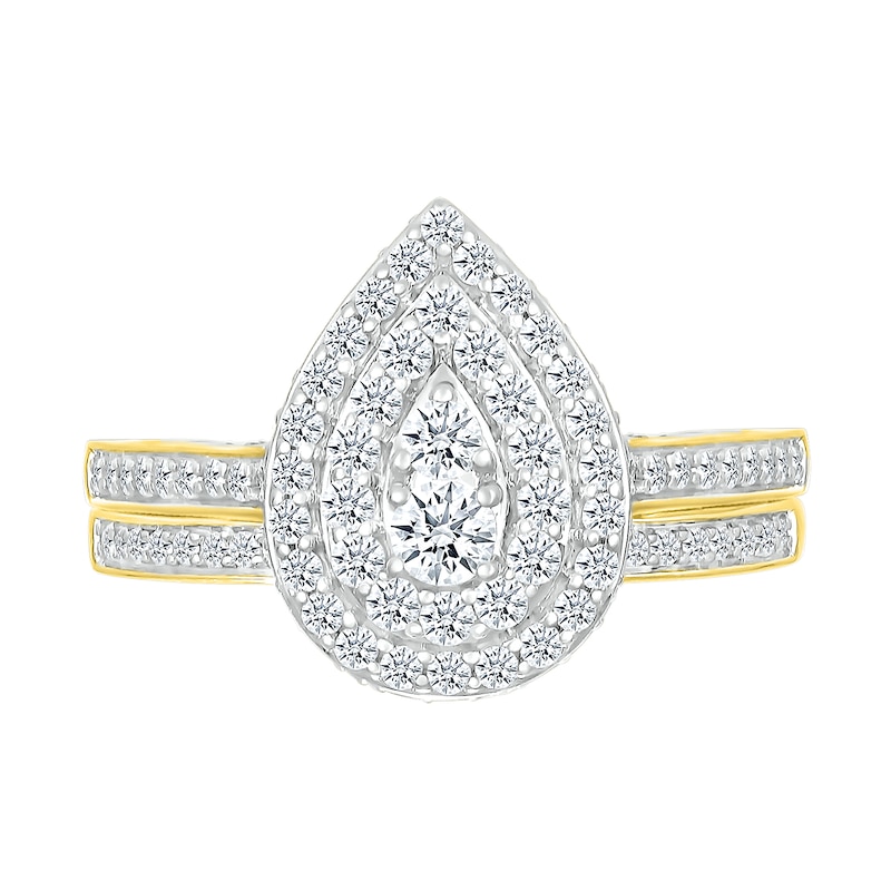 0.95 CT. T.W. Pear-Shaped Multi-Diamond Double Frame Bridal Set in 10K Gold
