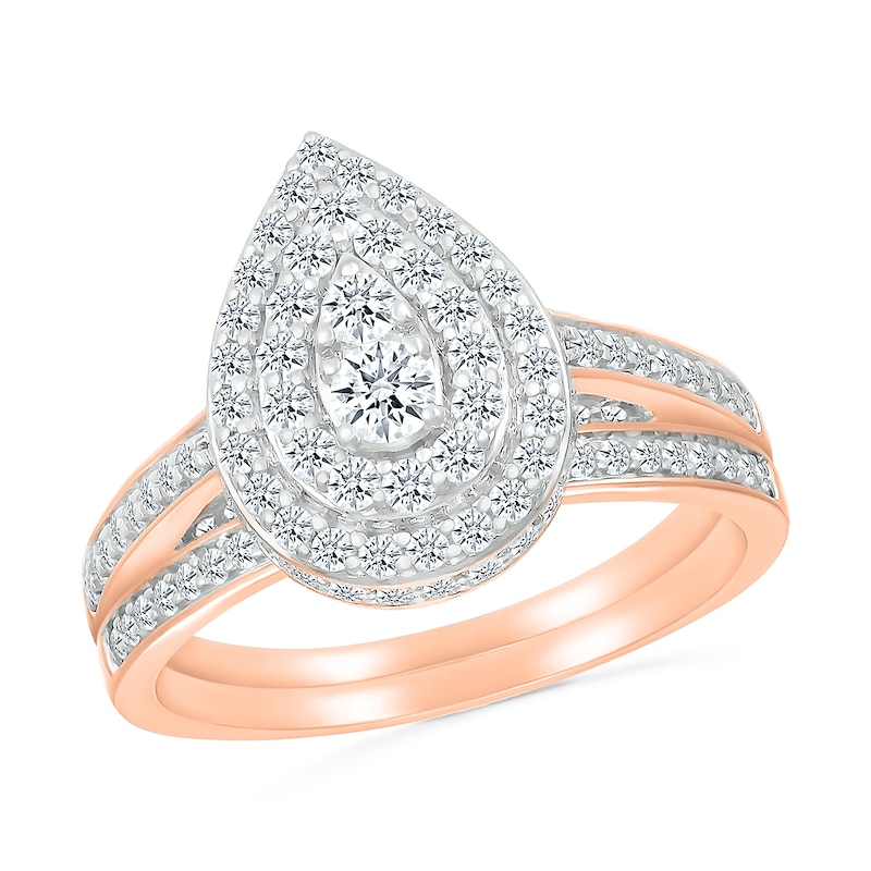 0.95 CT. T.W. Pear-Shaped Multi-Diamond Double Frame Bridal Set in 10K Rose Gold