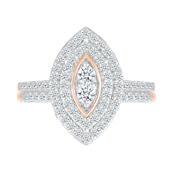 0.96 CT. T.W. Marquise-Shaped Multi-Diamond Double Frame Bridal Set in 10K Rose Gold