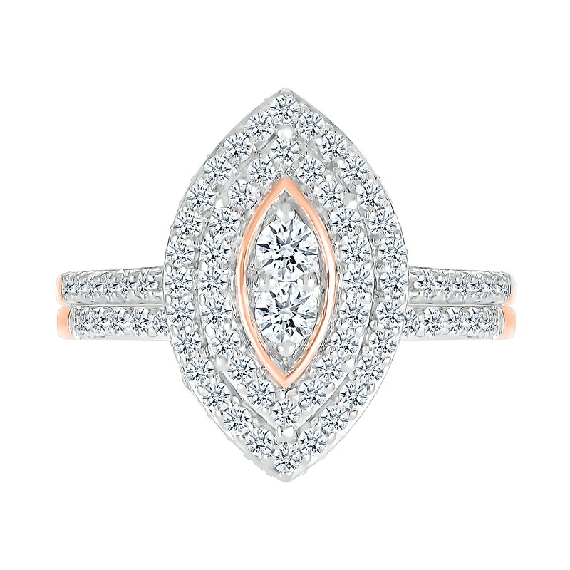 0.96 CT. T.W. Marquise-Shaped Multi-Diamond Double Frame Bridal Set in 10K Rose Gold