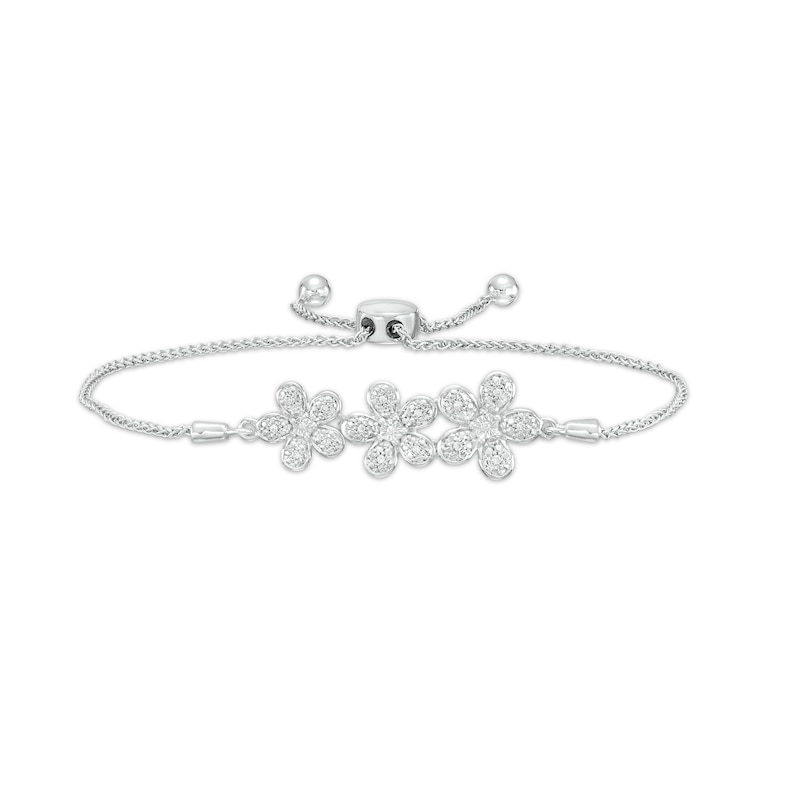 0.06 CT. T.W. Diamond Flower Trio Bolo Bracelet in Sterling Silver – 9.5"