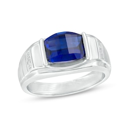 Barrel-Cut Lab-Created Blue Sapphire and Diamond Accent Ring in 10K White Gold