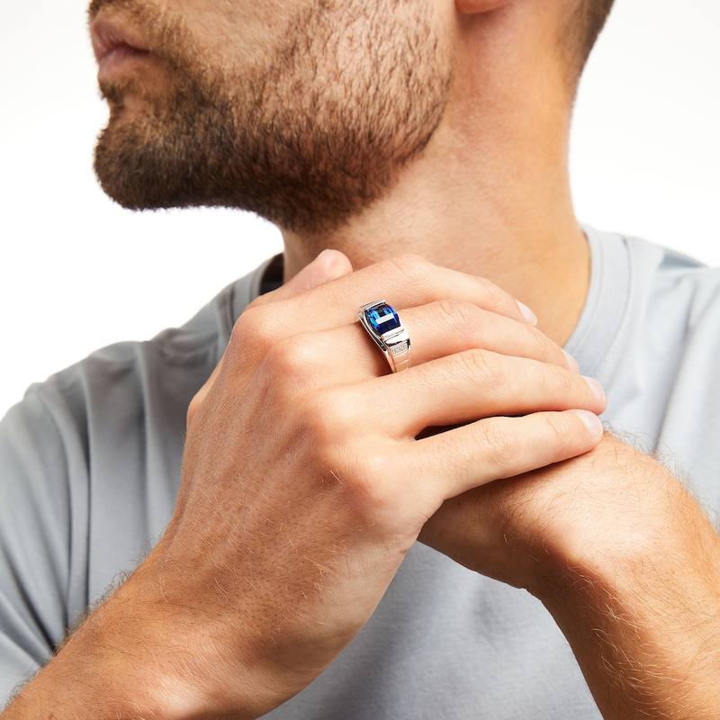 Men's Barrel-Cut Lab-Created Blue Sapphire and Diamond Accent Ring in 10K White Gold