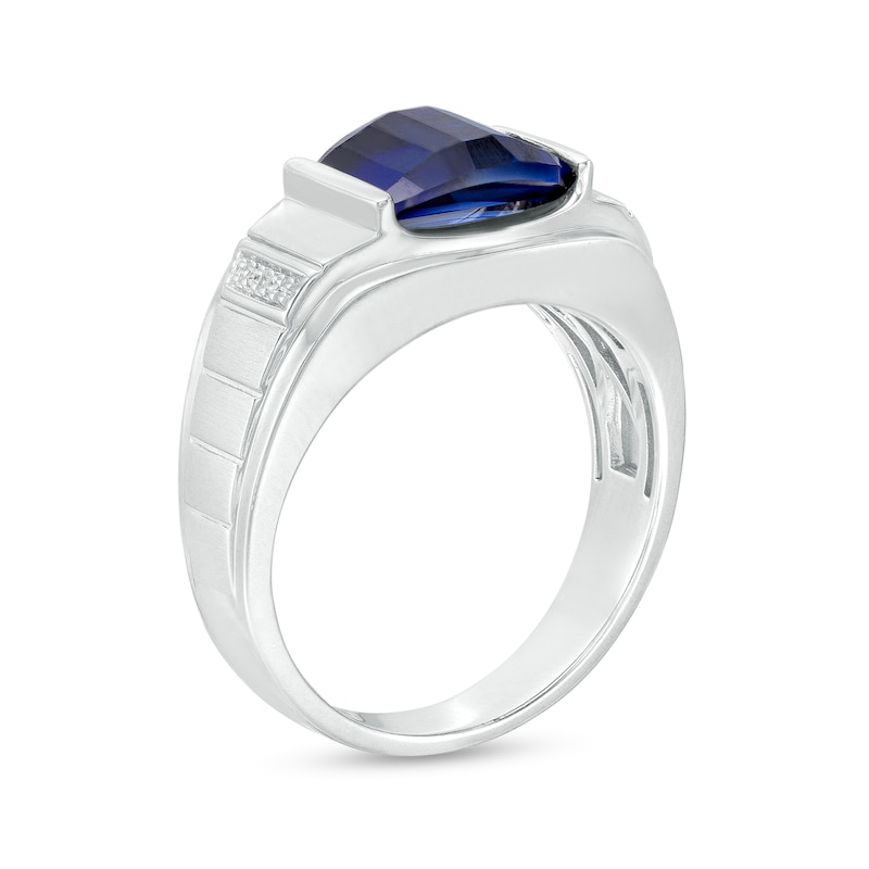 Men's Barrel-Cut Lab-Created Blue Sapphire and Diamond Accent Ring in 10K White Gold