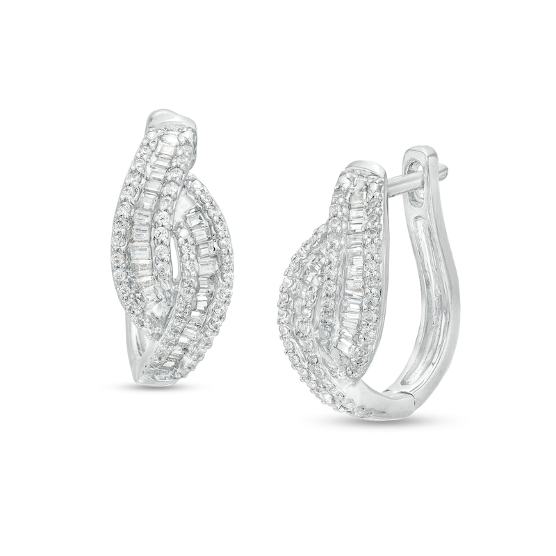 0.50 CT. T.W. Baguette and Round Diamond Triple Row Twist Hoop Earrings in 10K White Gold|Peoples Jewellers