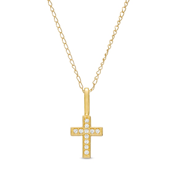 Child's Cubic Zirconia Beaded Cross Pendant in 10K Gold – 15"