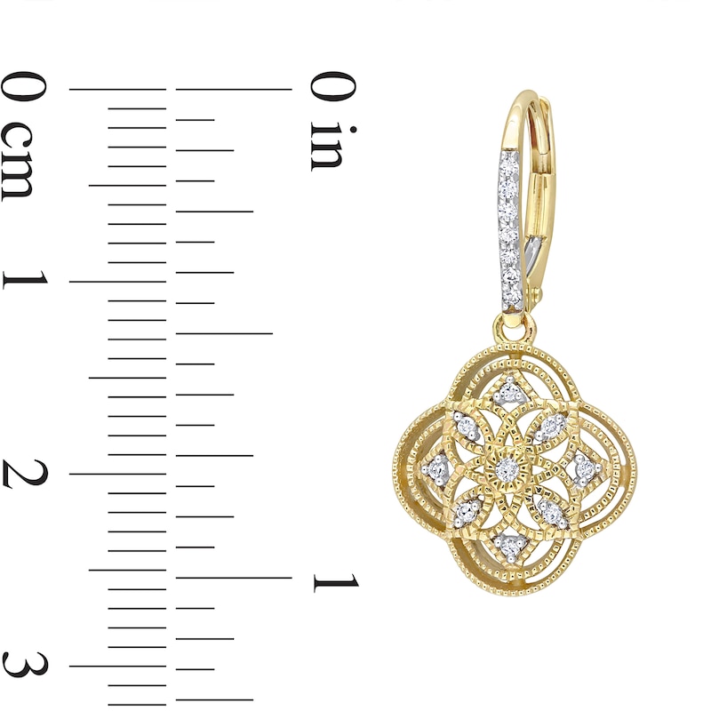 Main Image 3 of 0.16 CT. T.W. Diamond Milgrain Flower Vintage-Style Drop Earrings in 10K Gold