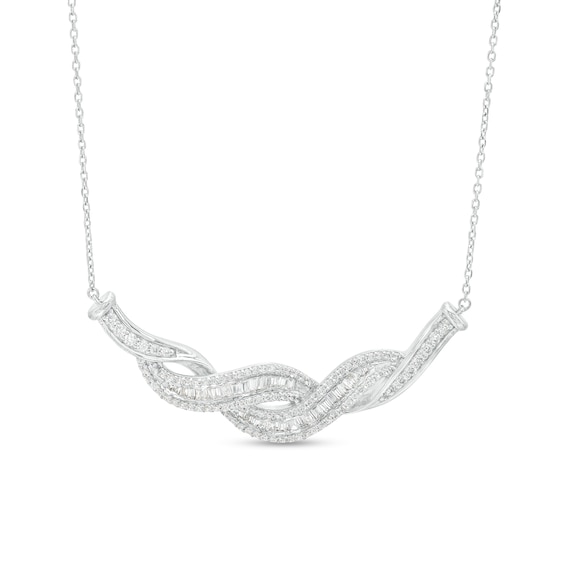 1.00 CT. T.W. Baguette and Round Diamond Twist Necklace in 10K White Gold