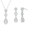 Thumbnail Image 1 of Pear-Shaped Lab-Created Opal and White Lab-Created Sapphire Frame Link Drop Pendant and Earrings Set in Sterling Silver