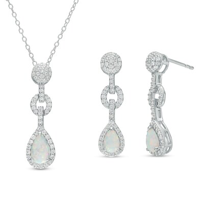 Pear-Shaped Lab-Created Opal and White Lab-Created Sapphire Frame Link Drop Pendant and Earrings Set in Sterling Silver
