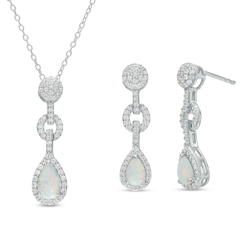 Main Image 1 of Pear-Shaped Lab-Created Opal and White Lab-Created Sapphire Frame Link Drop Pendant and Earrings Set in Sterling Silver