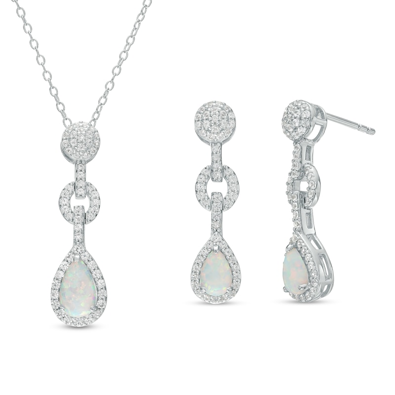 Pear-Shaped Lab-Created Opal and White Lab-Created Sapphire Frame Link Drop Pendant and Earrings Set in Sterling Silver|Peoples Jewellers