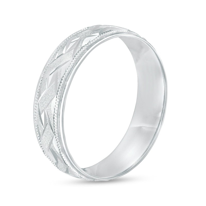 Main Image 3 of Men's 6.0mm Diamond-Cut Braided Milgrain Edge Comfort-Fit Engravable Wedding Band in 14K White Gold (1 Line)