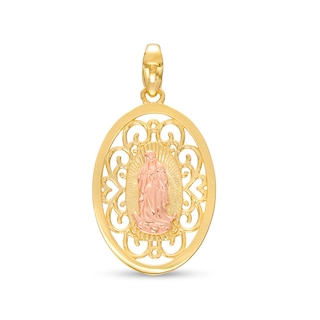 Virgin Mary Oval Filigree Necklace Charm in 14K Two-Tone Gold