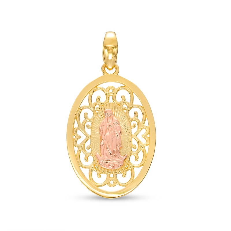 Virgin Mary Oval Filigree Necklace Charm in 14K Two-Tone Gold