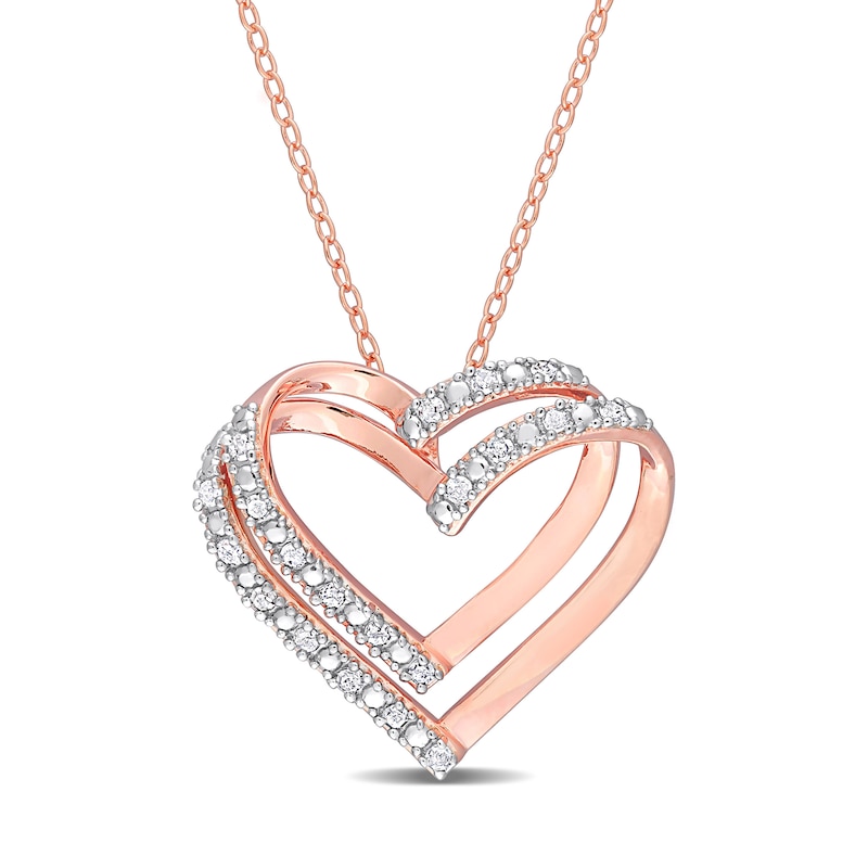 0.20 CT. T.W. Diamond Double Open Heart Pendant in Sterling Silver with Rose Rhodium