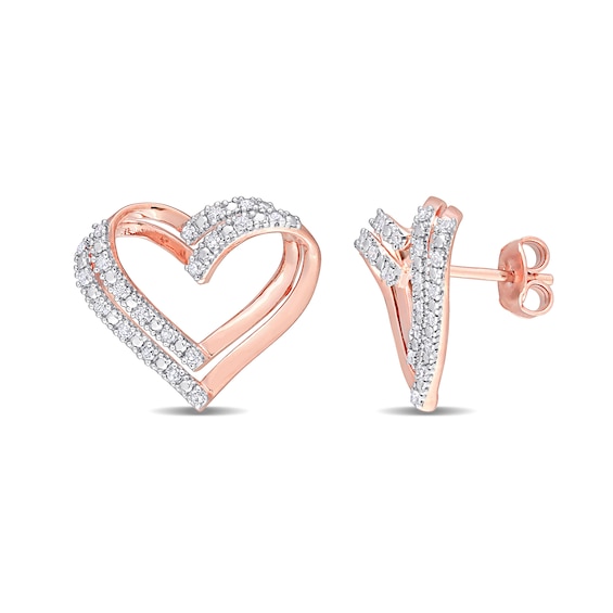0.20 CT. T.W. Diamond Double Open Heart Stud Earrings in Sterling Silver with Rose Rhodium