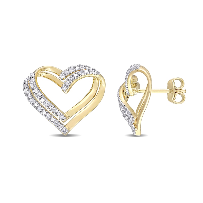 0.20 CT. T.W. Diamond Layered Double Heart Stud Earrings in Sterling Silver with Yellow Rhodium|Peoples Jewellers