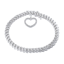 1.00 CT. T.W. Diamond &quot;S&quot; Link with Open Heart Charm Bracelet in Sterling Silver