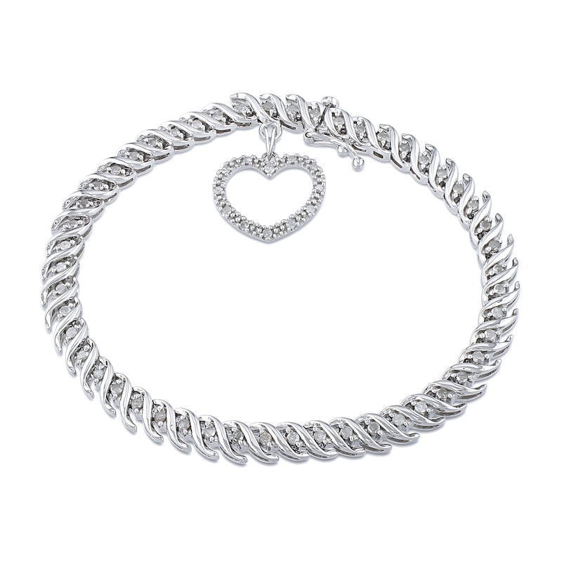 1.00 CT. T.W. Diamond "S" Link with Open Heart Charm Bracelet in Sterling Silver