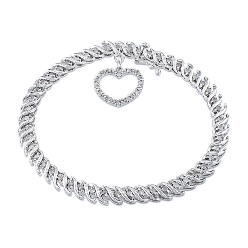 1.00 CT. T.W. Diamond S Link with Open Heart Charm Bracelet in