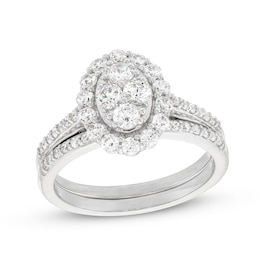 0.95 CT. T.W. Oval-Shaped Multi-Diamond Frame Bridal Set in 10K White Gold (J/I3)