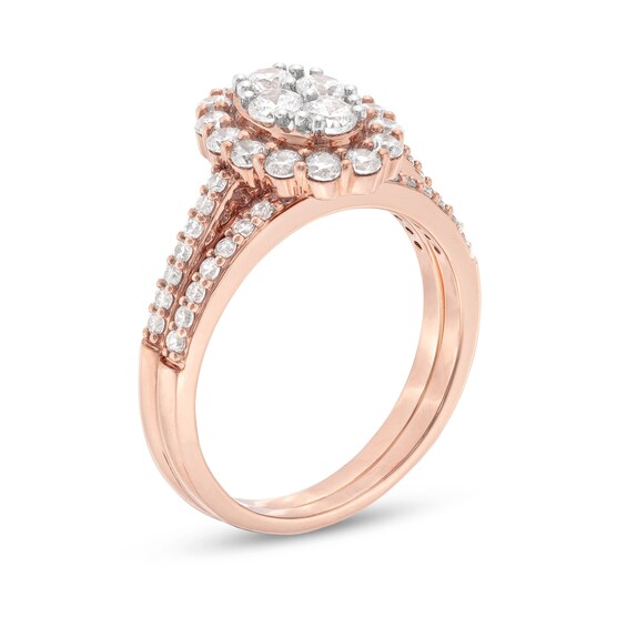 0.95 CT. T.W. Oval-Shaped Multi-Diamond Frame Bridal Set in 10K Rose Gold (J/I3)