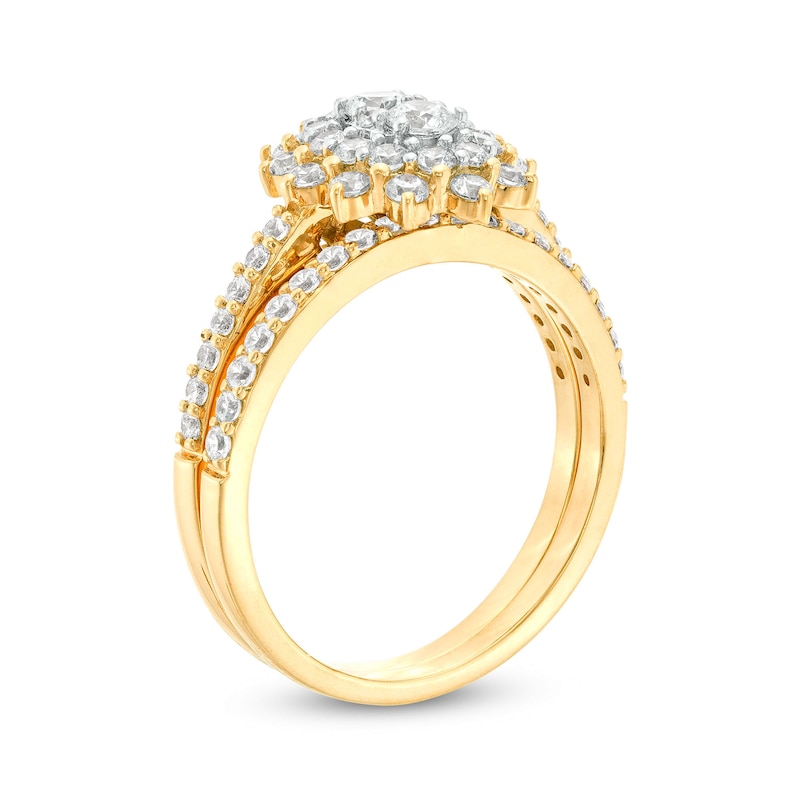 0.95 CT. T.W. Oval-Shaped Multi-Diamond Double Flower Frame Bridal Set in 10K Gold (J/I3)