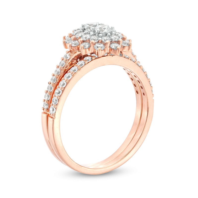 Main Image 3 of 0.95 CT. T.W. Oval-Shaped Multi-Diamond Double Flower Frame Bridal Set in 10K Rose Gold (J/I3)
